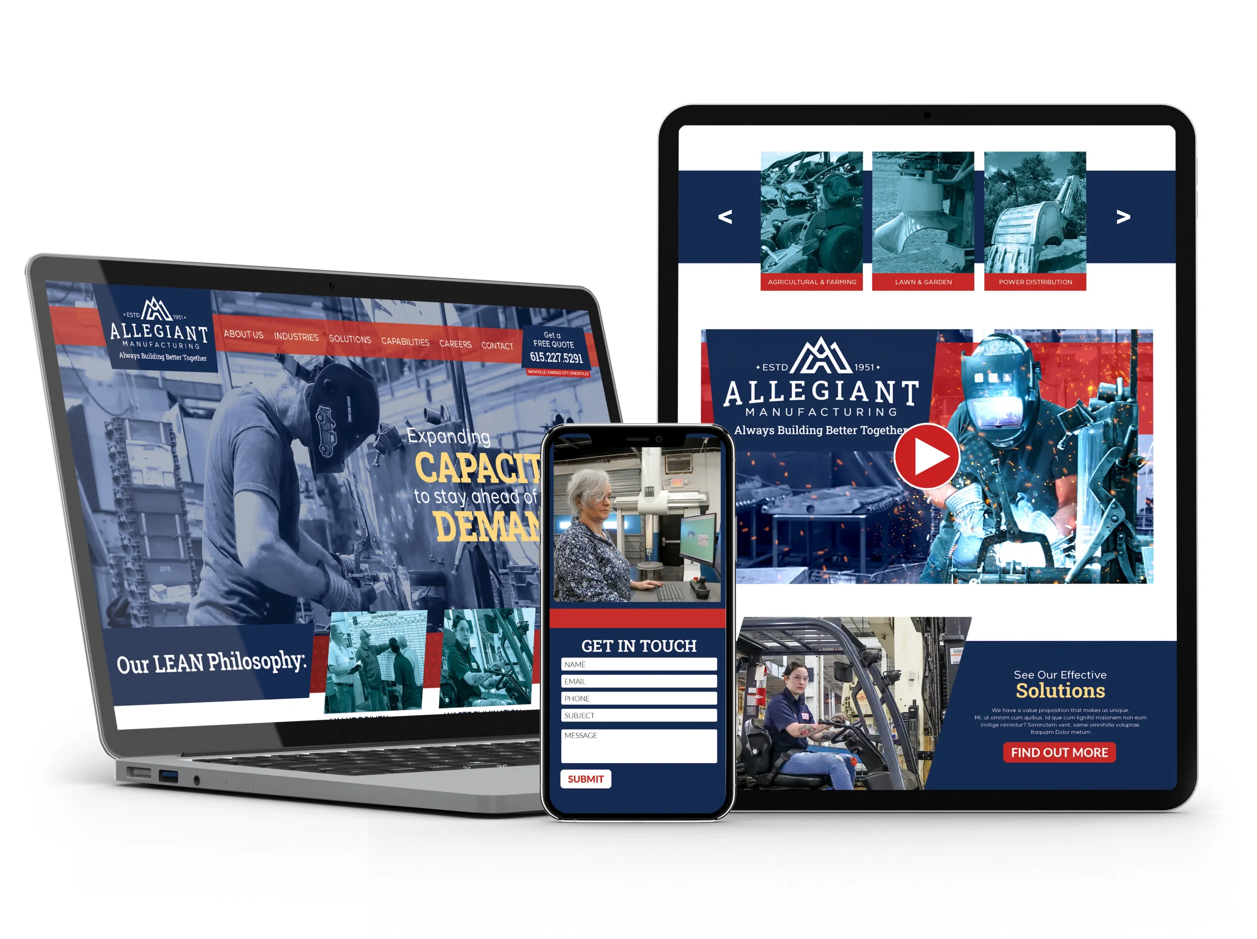 Allegiant Manufacturing Website on laptop, iPad, and phone