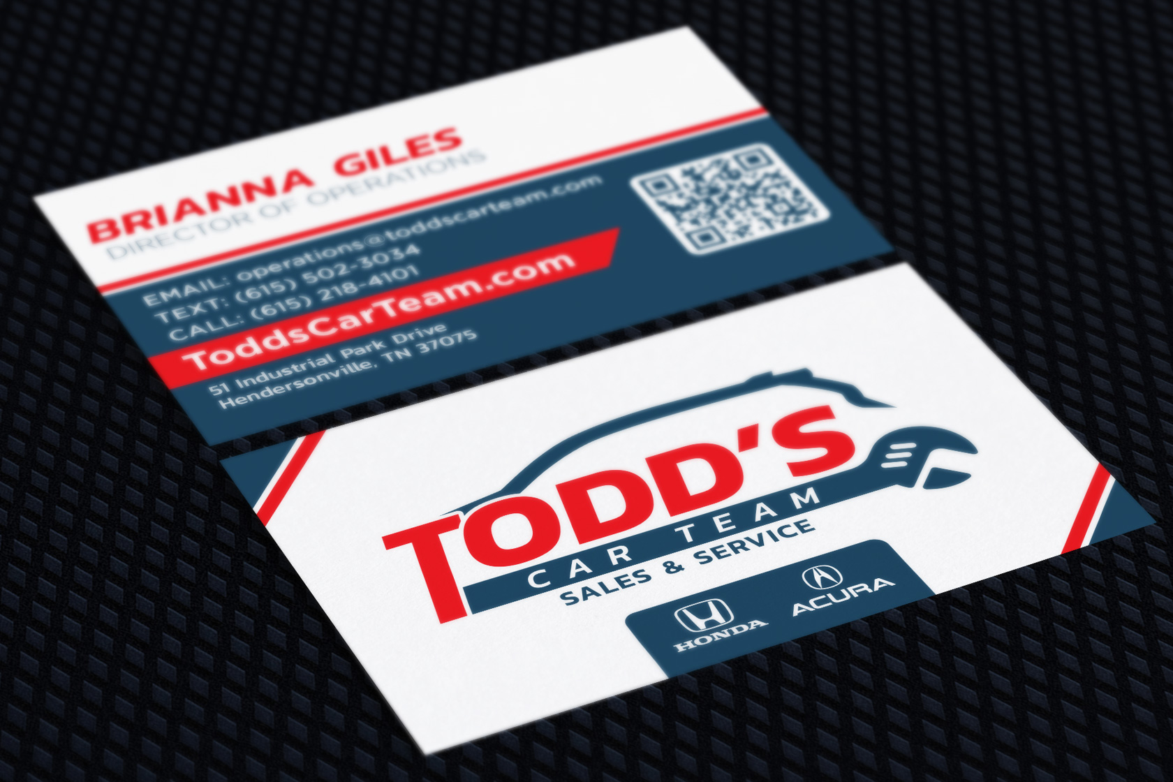 Todd's Car Team Business Card on a metal surface