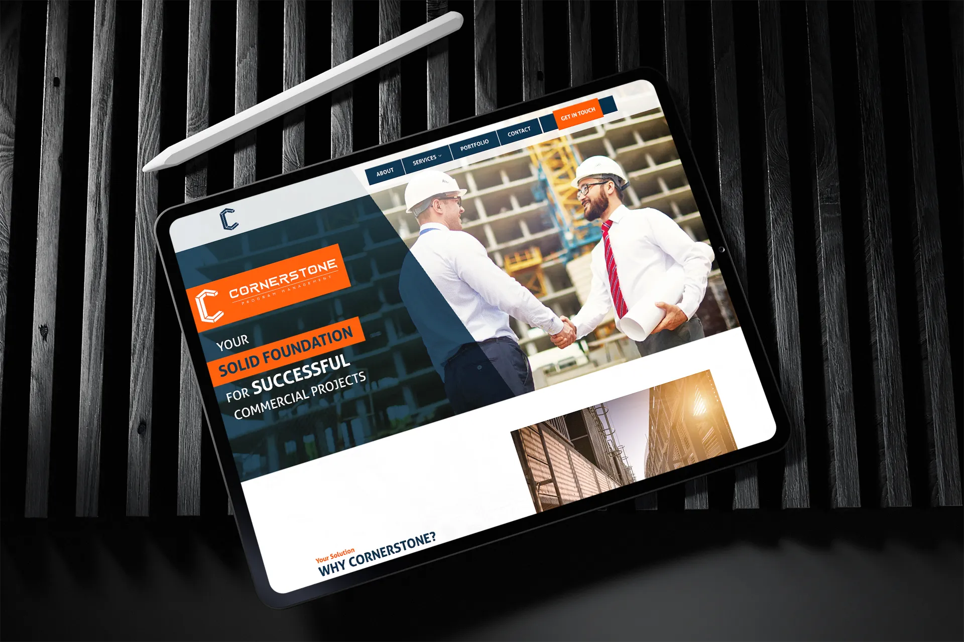 Cornerstone Program Management Home Page iPad on a dark background
