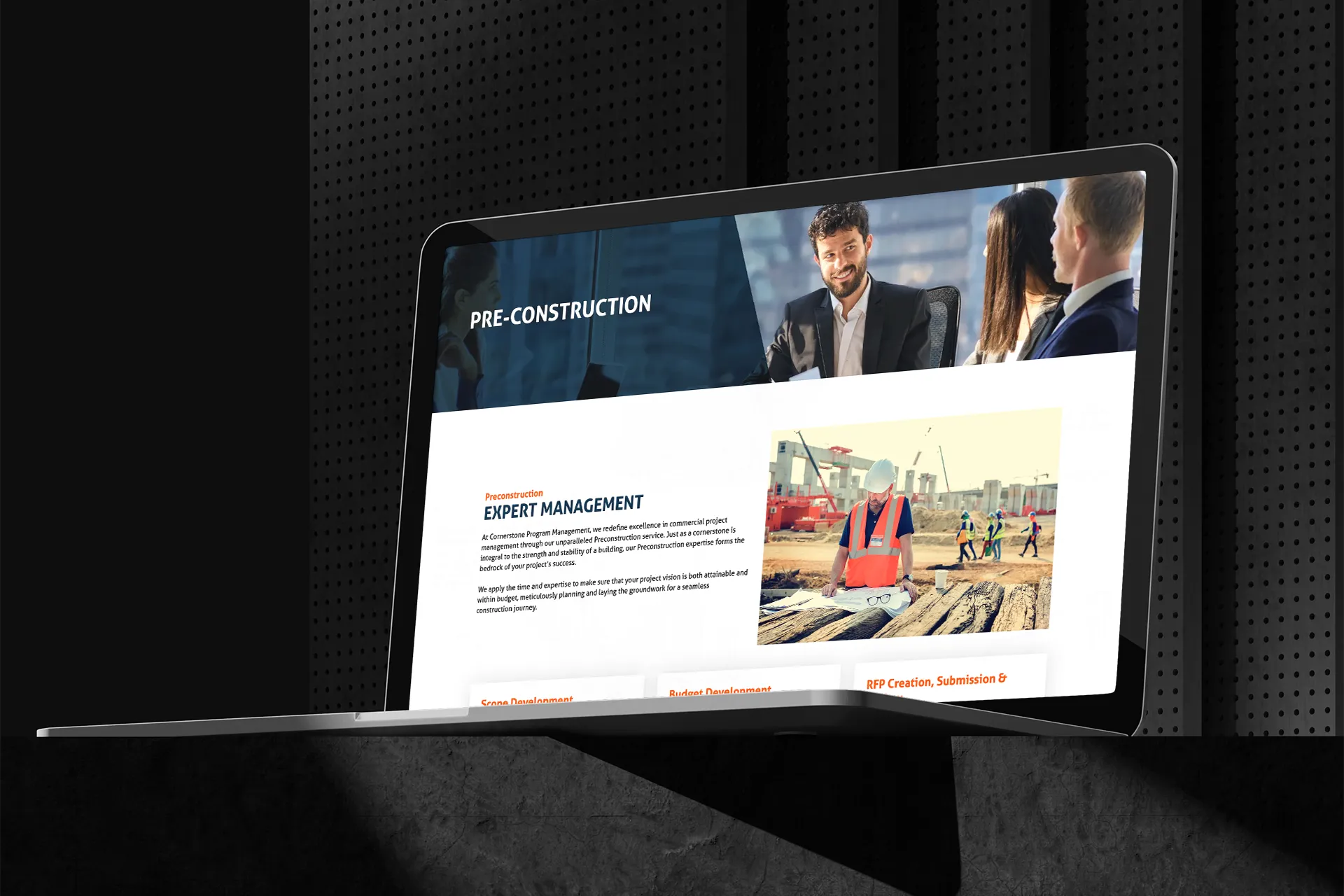Cornerstone Pre-Construction page concept on a laptop against a dark background
